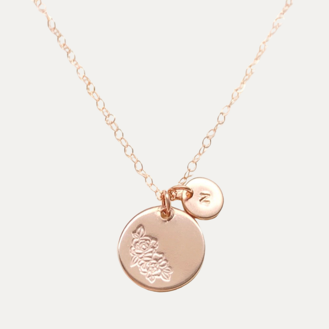 Hand-Stamped Birth Flower with Initial pendant [Gold-filled]